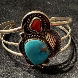 Beautiful Southwest Style 925 Sterling Turquoise and Coral Cuff Bracelet